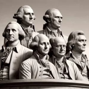 DALL·E 2024-05-12 16.12.06 - A neoclassical sculpture featuring five of America's Founding Fathers on a grand pedestal. The figures are depicted in a realistic, dignified style ty